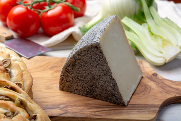 Italian cheese, piece of mature Tuscan Pecorino sheep cheese served with olive bread and tomatoes