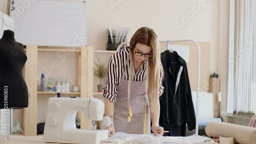 Girl Seamstress Caucasian Appearance Glasses A And Jacket Girl Seamstress Caucasian Appearance