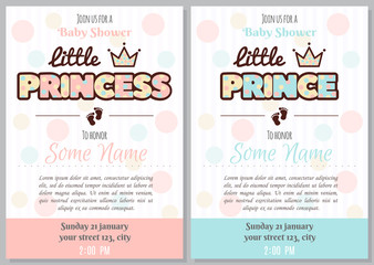 Set of baby shower invitation card babies boy and girl. Baby frame with boy/girl and stickers on light background. It's a boy. It's a girl.