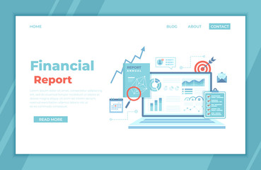 Financial Report. Accounting, analysis, audit, research, results. Laptop with graphs and charts on the screen, clipboard, report, target, calendar, magnifier. landing page for web, banner. Vector 