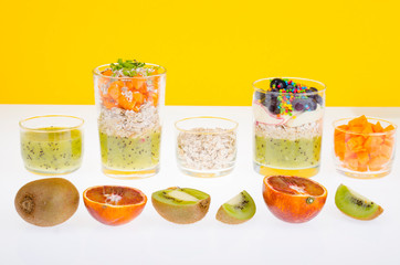 Healthy healthy food. Muesli, oatmeal, smoothies, berries, fruits, vegetables.