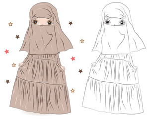 Set of hand drawn Arabic woman in hijab on white background. Cartoon character in traditional Muslim hijab. Coloring book pages for kids. Outline for coloring page. Islamic Women in Niqab Style.