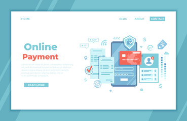 Online Payment Concept. Internet payments, data protection, money transfer, online banking, mobile wallet, pay history, mobile app. Phone with user interface login and password, credit card, bills.