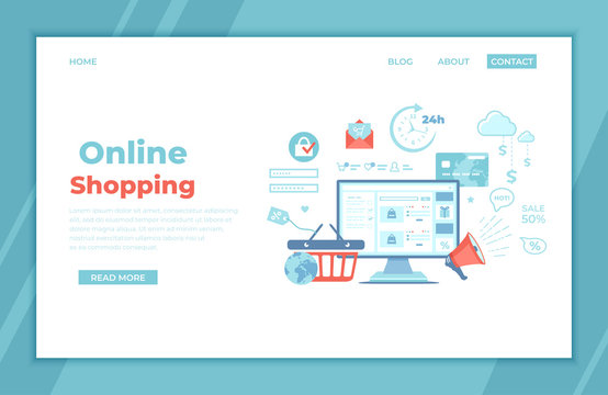 Online Shopping, Application, Service, Banking. Online store website on the monitor screen, basket, cart, credit card, megaphone, discount, sale, infographic elements. landing page, banner