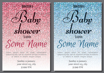 Set of baby shower invitation card. Baby frame with stroller and stickers on glitter background. It's a boy. It's a girl.