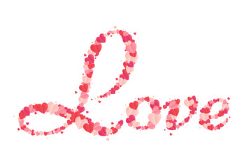 The word love written by hearts. Romantic calligraphy. Valentines day greeting card with calligraphy. Hand drawn design elements. Inscription love with hearts, love with hearts ornament