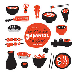 Authentic japanese cuisine.Hand drawn food. Doodles. Made in vector.