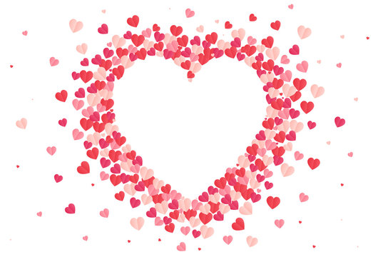 Vector shape confetti splash with white heart inside. Valentine's Day background congratulation card. Heart form of a lot of small hearts on a white background.