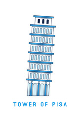 Line art Leaning Tower of Pisa, Italy, European famous sight, vector illustration in flat style.