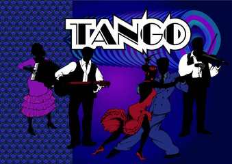 A couple dancing tango and musicians. Gangster style 1930.