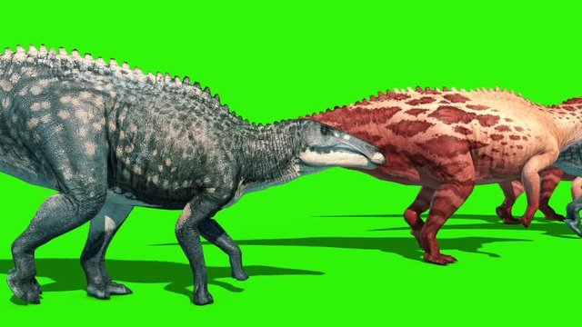 Group of Shantungosaurus Walks Green Screen Side Jurassic World 3D Rendering Animation