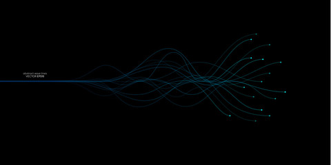 Vector wave dots lines flowing dynamic in blue green colors isolated on black background for concept of AI technology, music, sound