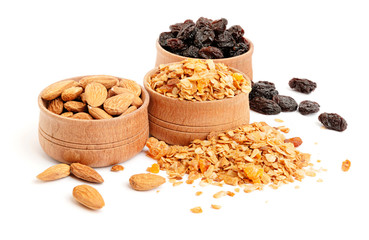 Granola in a bowl, raisins and almonds
