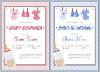 Set of baby shower invitation card babies boy and girl. Baby frame with boy/girl and stickers on light background. It's a boy. It's a girl.