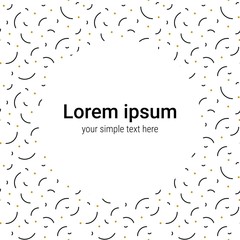 Square memphis template with a place for your text. Trendy backdrop for your design. Abstract vector background. Black and gold simple elements on white background. Hipster style Memphis background.