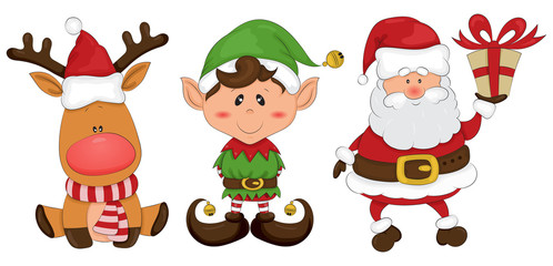 Set of colorful christmas characters. Santa Claus, Elf, Deer. Marry Christmas and Happy new Year. Hand drawn.