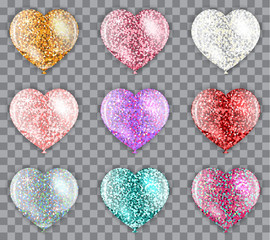 Set of glitter multicolored colorful realistic balloons with shadows in heart form. Shining helium Balloons. Isolated Vector Objects. Glossy and Shiny Air Baloons.Glitter Air Balls.