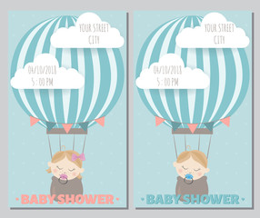 Set of baby shower invitation card babies boy and girl. Baby frame with boy/girl and stickers on light background. It's a boy. It's a girl.