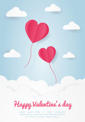Fototapeta na wymiar Valentines day, Illustration of love,origami made pink heart balloons flying in the blue sky, paper art style. Love Invitation card.