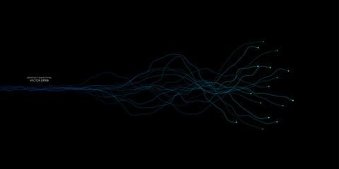 Vector wave dots lines flowing dynamic in blue green colors isolated on black background for concept of AI technology, music, sound