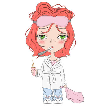 Hand drawn beautiful cute haired girl in pajamas and a toothbrush. Children cartoon character. T-shirt print. Template for design cards, notebook, shop, poster. Sleepy girl.