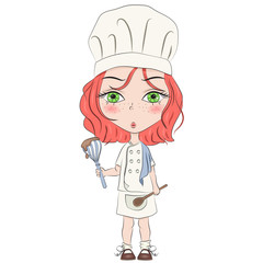 Hand drawn beautiful cute haired girl cooking food. Cartoon character. Template for design cards, notebook, shop, poster. The little bakery girl chef is happy. Girl chief-cooker