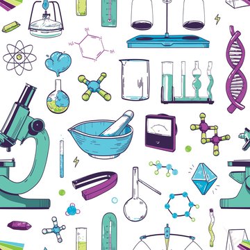 Seamless pattern with chemical and physical lab equipment