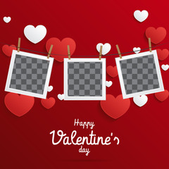 Postcard Happy Valentines Day with a blank template for photo. Vector illustration. Valentine's Day background congratulation card. Card with paper art hearts 