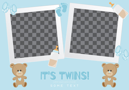 Baby frames with boy/girl and stickers on light background. It's a boy. It's a girl. Photo frame and decorative elements of baby toys. It's twins