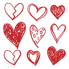 Set of doodles hearts. Grunge stamps collection. Love shapes for your design. Textured Valentine's Day signs. Romantic love symbols set for greeting valentines card element. Hand drawn. 