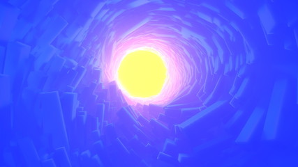 Abstract technology round tunnel filled by long boxes and yellow warm and volumetric light in the background. 3D rendering illustration with place for your text