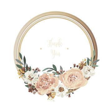 Luxury floral greeting card with orange, white, brown and yellow flowers on white backgroud and wooden circle frame.