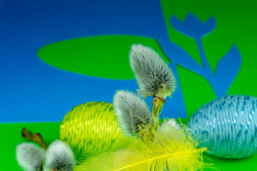 Willow buds, Easter eggs and feather decoration