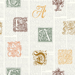 Vector seamless pattern with hand drawn alphabet letters on the background of old book pages. Old book with unreadable black text and colored initial letters, repeating vector background.