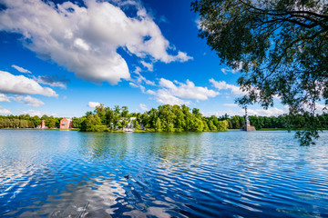 Beautiful landscape with pond in park in Tsarsloye Selo, Russia