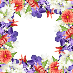 Beautiful floral background of dahlias, Vanda orchids and Jasmine 