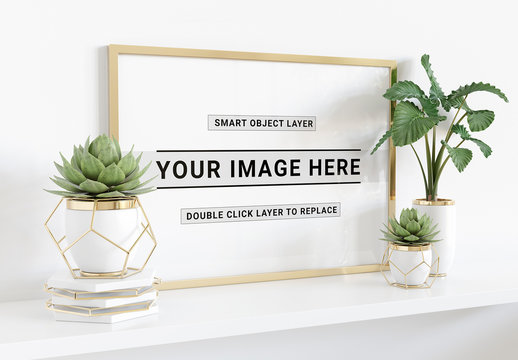 
Horizontal Frame Laying on Shelf With Plants Mockup