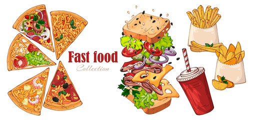 Vector fast food: sandwich, country potatoes, pizza, drink.