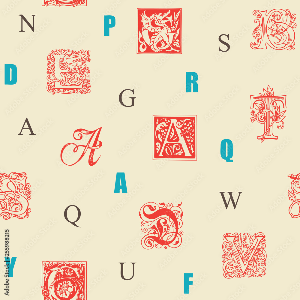 Poster vector seamless pattern with capital letters and hand drawn initial letters on a beige backdrop. rep