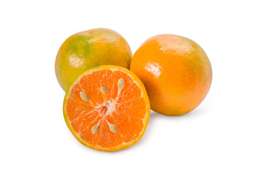 Closeup full and a half orange fruit on white background