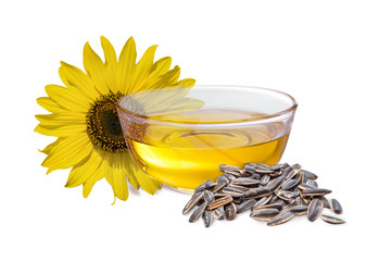 Sunflower oil in a glass cup with seed