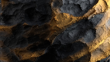 3d render of abstract surface. Dark and yellow colors. Gold like material on high detailed displaced surface.