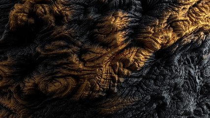 3d render of abstract surface. Dark and yellow colors. Gold like material on high detailed displaced surface.