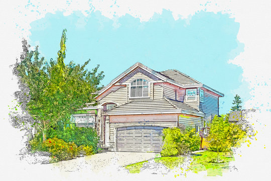 Watercolor sketch or illustration of a beautiful residential country or suburban home. Real estate or modern housing