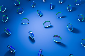 3D glass geometric shapes object with .color reflection and shadows on blue background. Abstract computer rendering illustration.