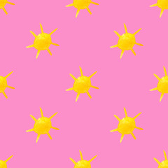 Fototapeta na wymiar Watercolor painting with yellow sun, hand drawn seamless pattern on pink background