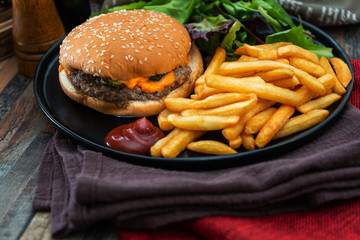 Cheese burger - American cheese burger with Golden French fries