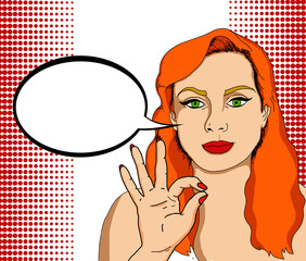 Pop illustration of a pretty woman with pin up look with a bubble in which you can put an advertising message