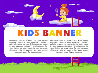 Happy children holding blank poster. Template for advertising brochure. Ready for your message. Children look up with interest. Kids learning about the stars and moon. Concept of children's learning.