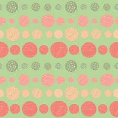 Hand drawn circles in vibrant tropical colours. Seamless horizontal geometric pattern with crayon texture. Great for wellbeing, party, organic, beauty, spa products, fabric, giftwrap, stationery.